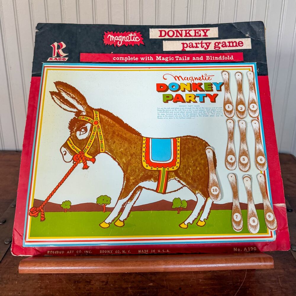 Raco Magnetic Donkey Party Game, Pin the Tail on the Donkey, Tin Litho on Card